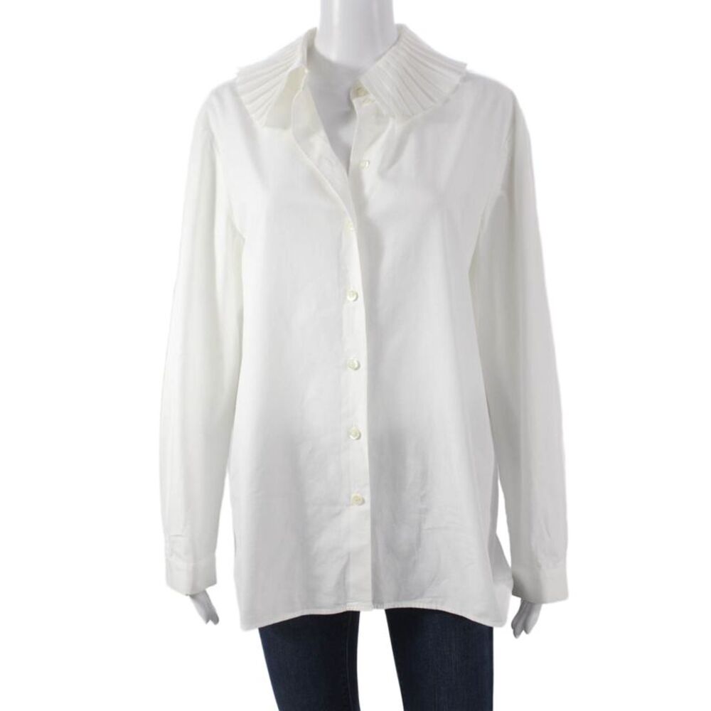 Sara Battaglia Womens White Cotton Collared Button Up Top Long Sleeve Size 44